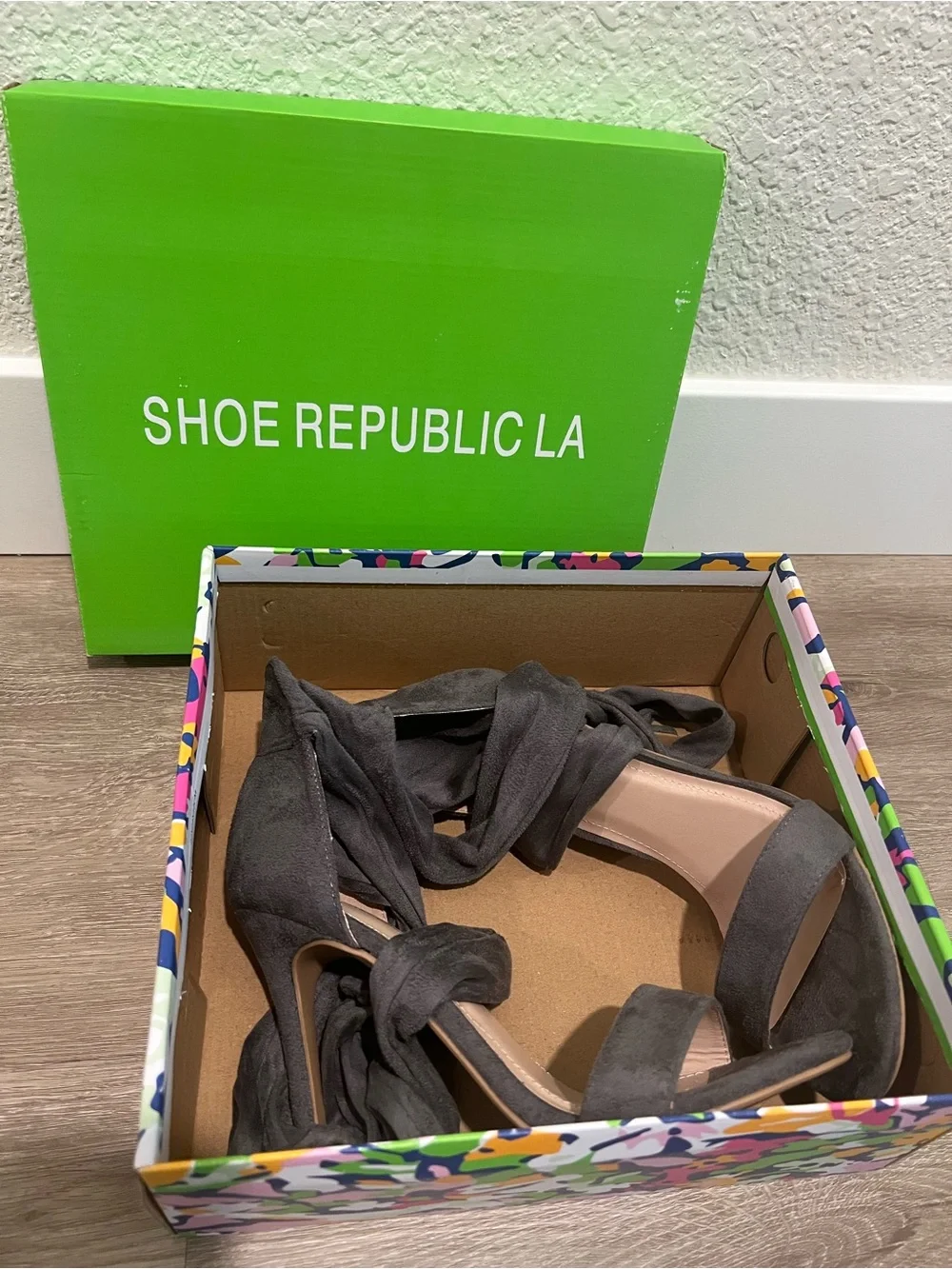 Shoe Republic LA Grey Suede Ankle Tie Stiletto Heels